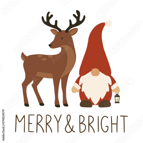Reindeer and nordic gnome holding a lantern with celebration text