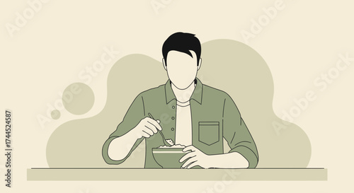 Daily Meal Illustration: Man Eating From Bowl With Spoon Minimalist Graphic Style