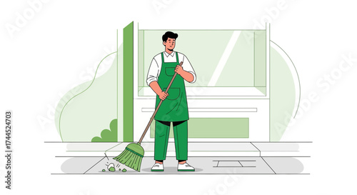 Dedicated Janitor Sweeping the Sidewalk, Maintaining Cleanliness of the Urban Environment