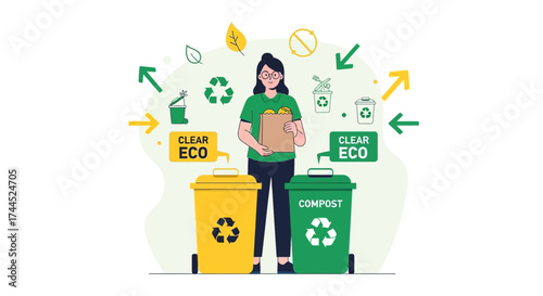 Dedicated Woman Implements Eco-Friendly Practices with Recycling and Composting Actions