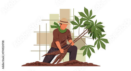 Dedicated Farmer Extracting Cassava Roots From Ground, Hardworking Agricultural Scene Depicted