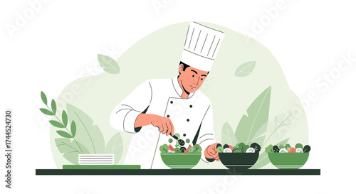 Culinary Professional Expertly Crafting Fresh, Vibrant Salad Dishes in a Modern Kitchen