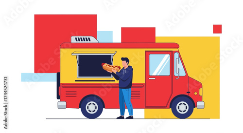 Delicious Hot Dog Vendor Offering Food From a Bright Red Food Truck Vector Illustration