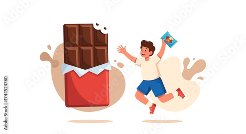Delighted Boy Celebrating Sweets With Large Chocolate Bar And Colorful Desserts Package