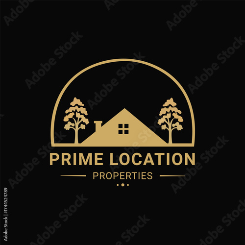 Golden prime location properties logo featuring a house and trees within a stylized sun or moon arch, ideal for real estate, luxury homes, property development, and investment firms,