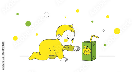 Curious infant reaching for juice box with happy apple illustration