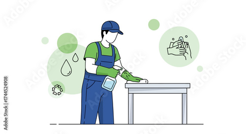 Custodian Sanitizing Surface Maintaining Hygiene And Following Best Practices For Cleanliness