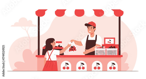 Customer Purchases Cherries From a Market Stall, Illustration of Fresh Produce Purchase