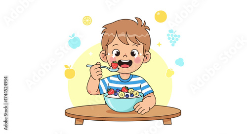 Delighted Child Eating Wholesome Breakfast with Joyful Expression, Food illustration