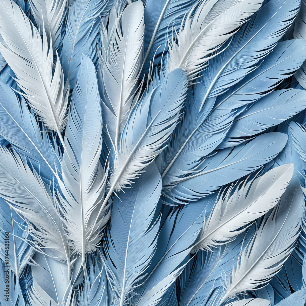 Fototapeta premium Soft pastel blue and white feathers fill the frame creating a calming, textured background