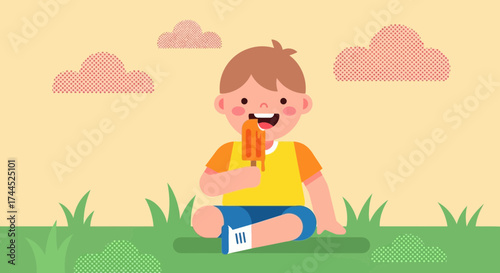Delighted Child Enjoys Refreshing Ice Pop on a Sunny Day in a Whimsical Outdoor Setting