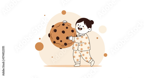 Delighted Child Holding A Giant Chocolate Chip Cookie In Adorable Pajamas