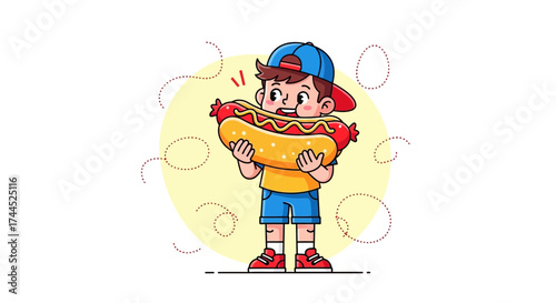 Delighted Child Holding A Large Hot Dog, Ready To Take A Big Bite And Enjoy