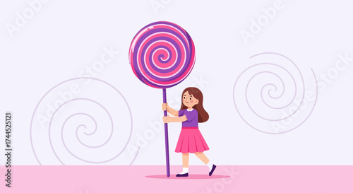 Delighted Child Holding A Towering Swirl Lollipop Against A Pastel And Whimsical Backdrop