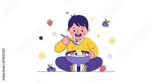 Delighted Child Joyfully Eating a Bowl of Delicious Yogurt and Fresh Fruits Illustration