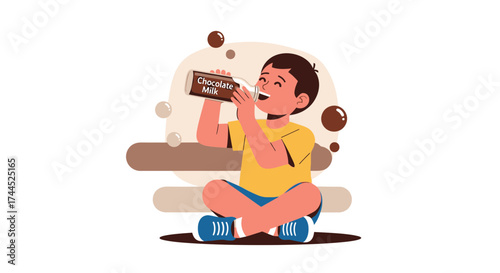 Delighted Child Sipping Chocolate Milk From A Bottle While Sitting In Joyful Position