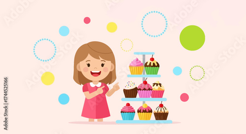 Delighted Child Showcasing a Tiered Dessert Display Presenting Delicious Cupcakes