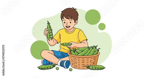 Delighted Child Preparing Fresh Peas From A Wicker Basket, Joyful In This Culinary Process