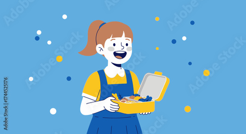 Delighted Child With Lunchbox Expresses Joyful Anticipation For Healthy Mealtime Fun