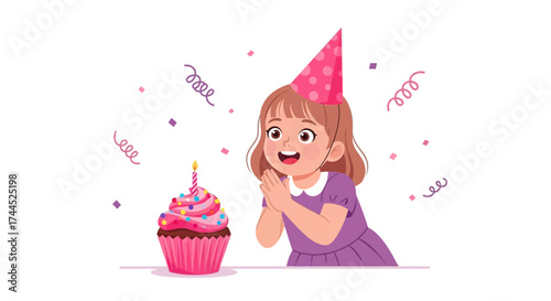 Delighted Girl Celebrates Birthday With A Festive Cupcake And Party Hat Delightfully
