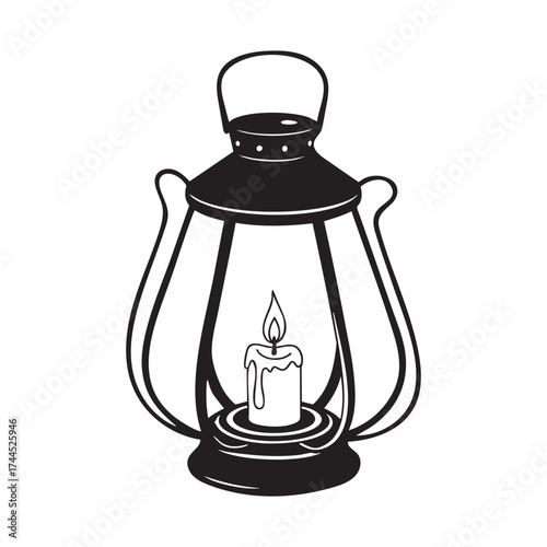 Old fashioned lantern sketch with candle flame vintage engraving artwork