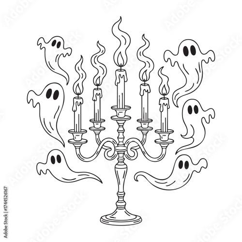 Spooky Halloween candelabrum vector with floating ghost illustration