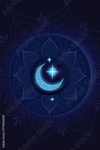 Lunar Bloom of the Dreaming Sky	Stylized glowing crescent moon with layered contours and radiant stars, centered in an electric blue mandala flower. 