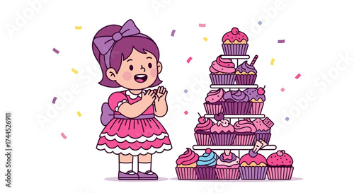 Delightful Little Girl Celebrates With A Tower Of Tempting, Colorful Cupcakes Imagery