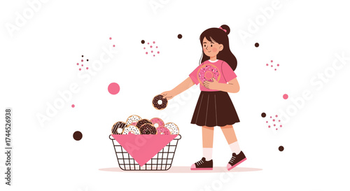 Delightful Young Woman Selecting Delicious Doughnuts From Sweet Treat Collection