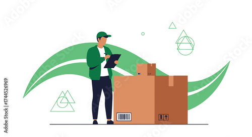 Delivery Personnel Inspecting Packages Against A Backdrop Of Organic, Leafy Elements