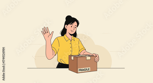 Delivery Service Woman With Fragile Parcel Smiling, Waving Hand, Greeting Customer Nicely