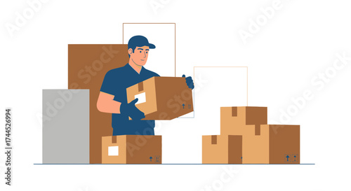 Delivery Worker Carrying Boxes, Illustration Depicting Logistics and Shipping Process
