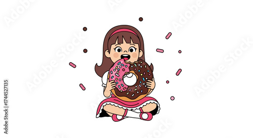 Drawn Girl Relishing a Delightful Donut in Joyful Celebration of Sweetness