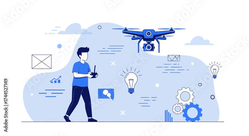 Drone Operator Controlling Aircraft And Managing Innovative Ideas Illustrated Concept