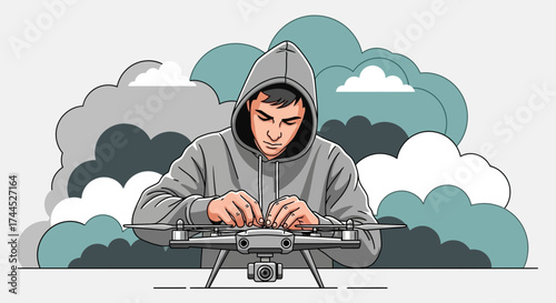 Drone Operator Wearing Hooded Sweatshirt Working with Device in a Illustrated Art Style