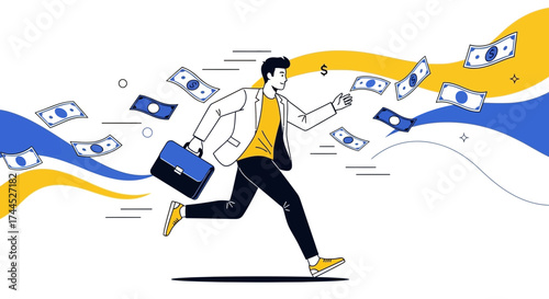 Dynamic Illustration Of A Businessman Pursuing Finances And Financial Success