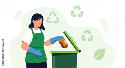 Eco-Conscious Individual Sorting Compostable Waste Near Recycling Symbols for Environmental Benefit