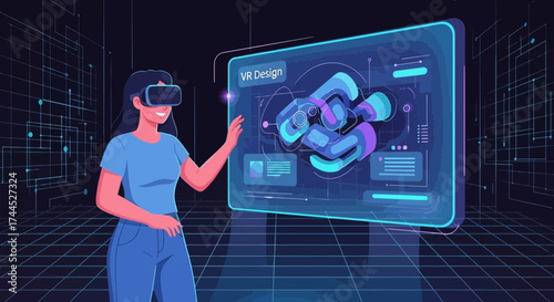 Digital Reality Concept Depicting Woman Interacting With Virtual Reality Design Element