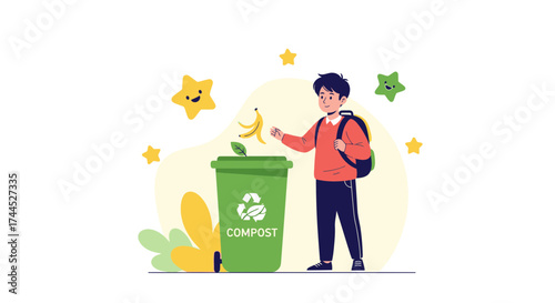 Eco-Conscious Teenager Disposing Of Banana Peel Into Compost Bin For Environmental Sustainability