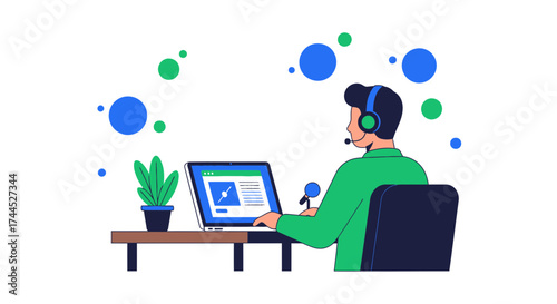 Digital Workplace: Online Support Agent at Desk with Laptop and Headset Illustration
