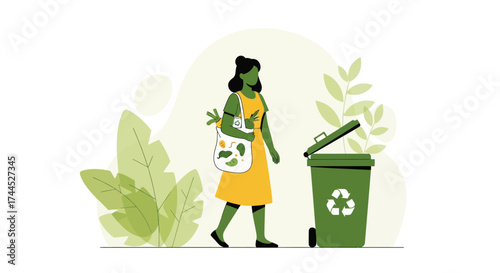 Eco-Conscious Woman Disposing Of Organic Waste In Recycling Bin For Green Future