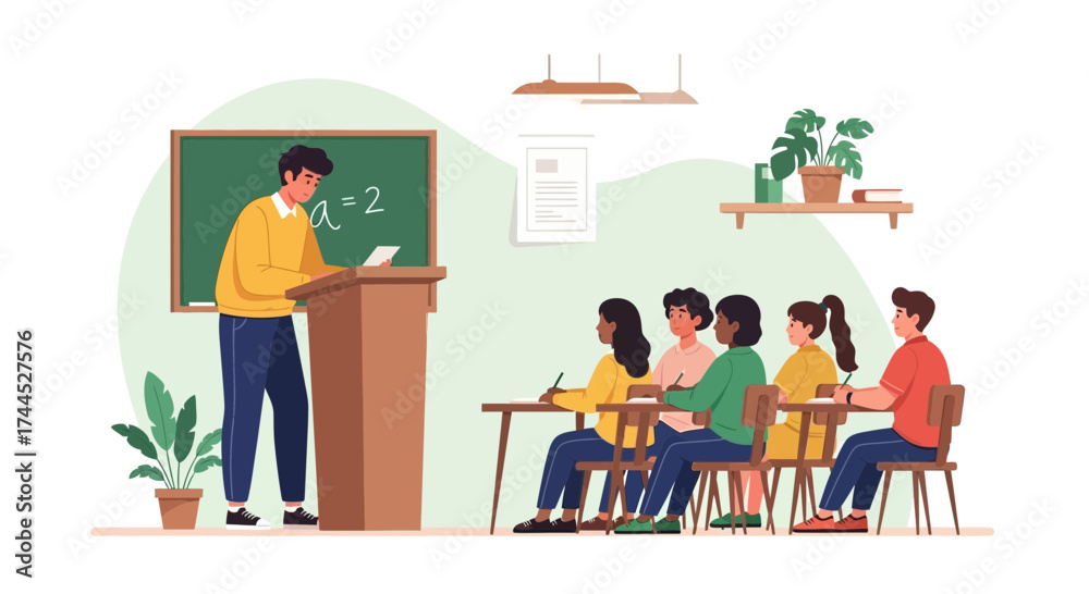 Naklejka premium Educator Delivering Lesson In A Classroom, Studying Students, Knowledge And Schooling