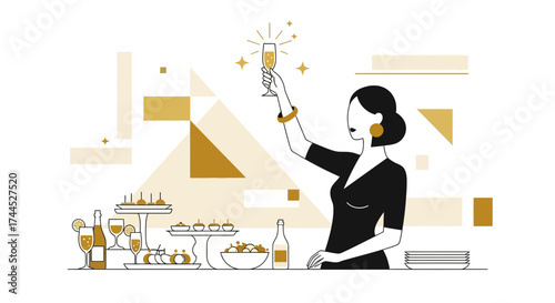 Elegant Celebration: Woman Toasting With Champagne at a Luxurious Culinary Event