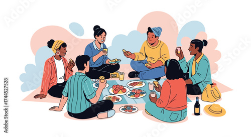 Diverse friends enjoying a picnic together in a bright and colorful graphic style
