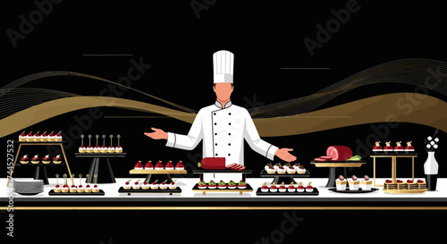 Elegant Chef Presenting a Variety of Appetizers on a Black and Gold Background