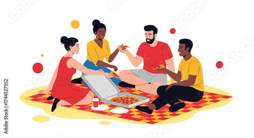 Diverse Friends Sharing Pizza During Outdoor Feast On A Lively Picnic Blanket