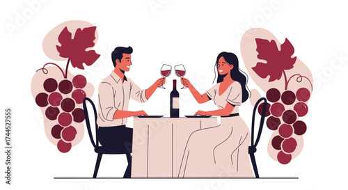 Elegant Evening: A Couple Enjoying Wine Amidst Grapevine Decorations