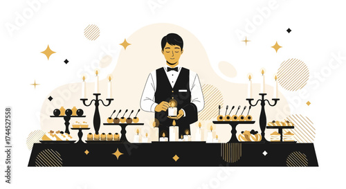 Elegant Evening Of The Gourmet Delicacies, Candles, And Dedicated Host