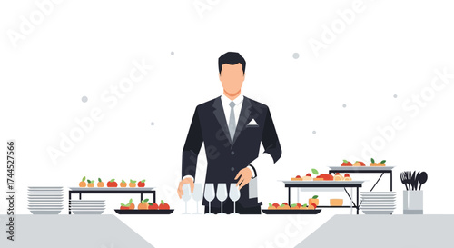 Elegant Event Catering: A Professional Server Arranges Dishes and Drinks for Guests