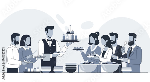 Elegant Event Gathering: Dinner Service and Guests Enjoying an Exclusive Buffet